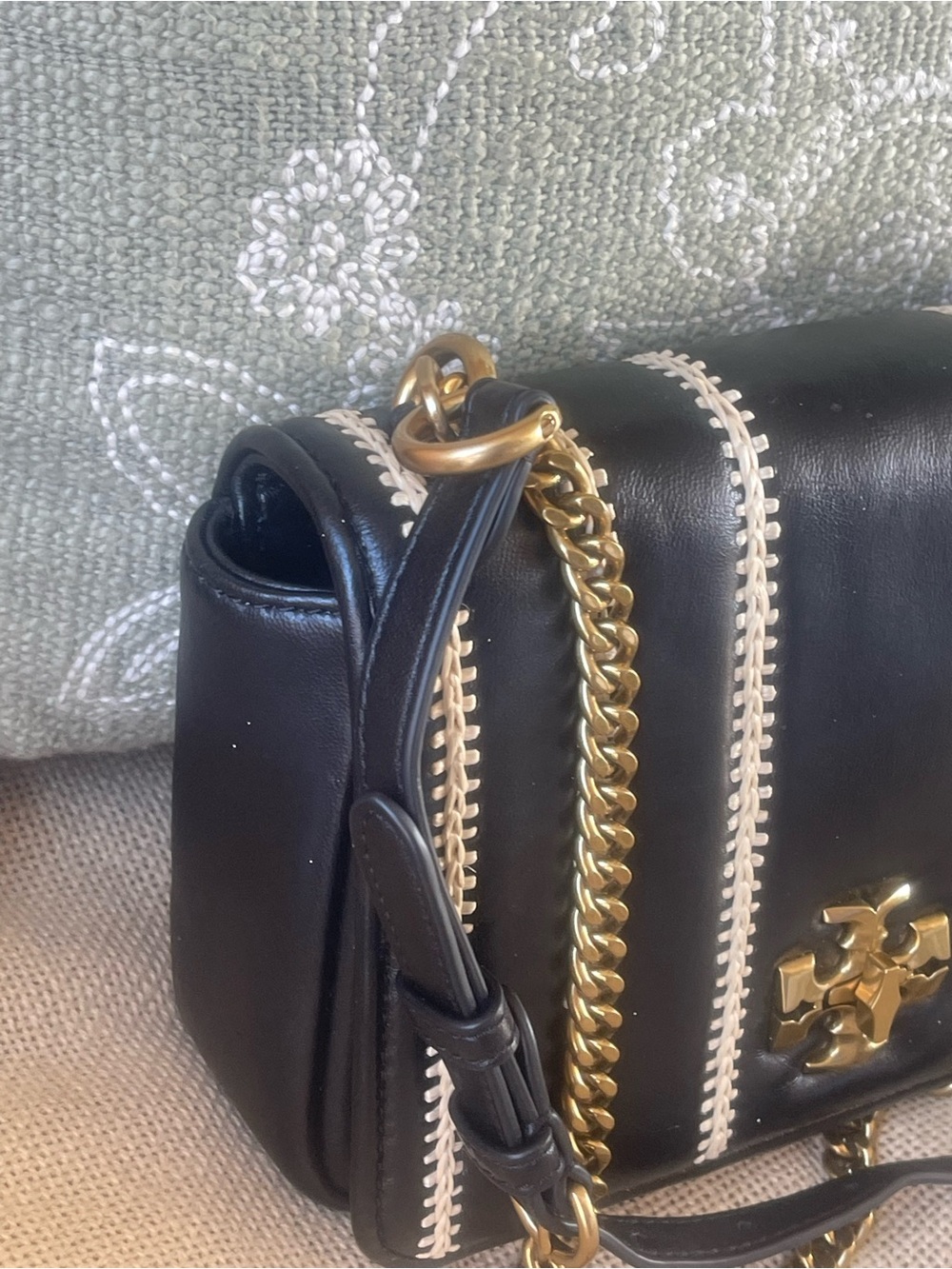 NWT Tory Burch Kira Whipstitch Leather Stripe Chain Shoulder Bag 🖤✨ - Picture 2 of 7